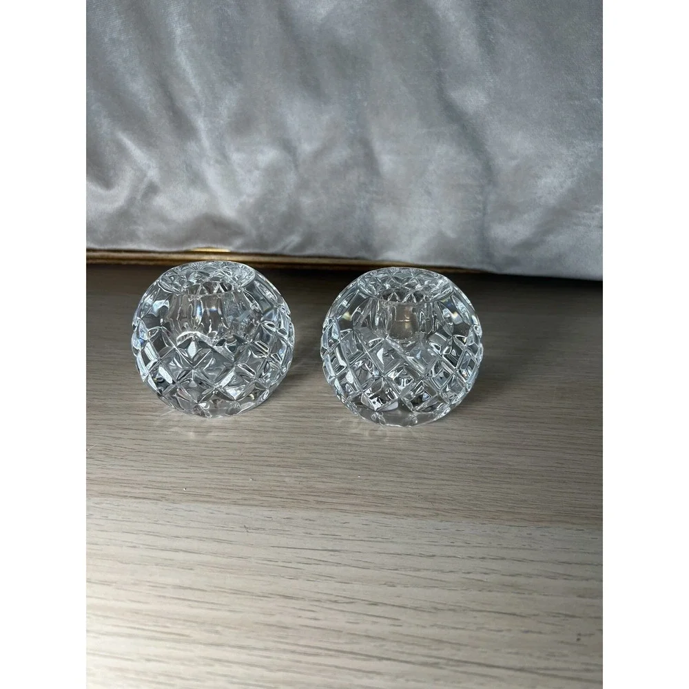 Crystal round reversible heavy diamond cut taper/tealight candle holder set of 2